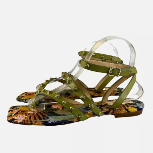 Antonio Melani Leather Studded Ankle Strap Tropical Print Sandals Size 7.5 - Picture 2 of 7